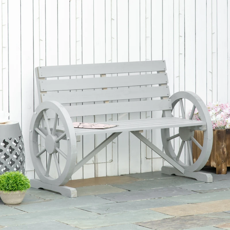Outsunny 41" Wooden Wagon Wheel Bench, Rustic Outdoor Patio Weather Resistance Furniture, 2-Person Slatted Seat Bench with Backrest, Light Gray