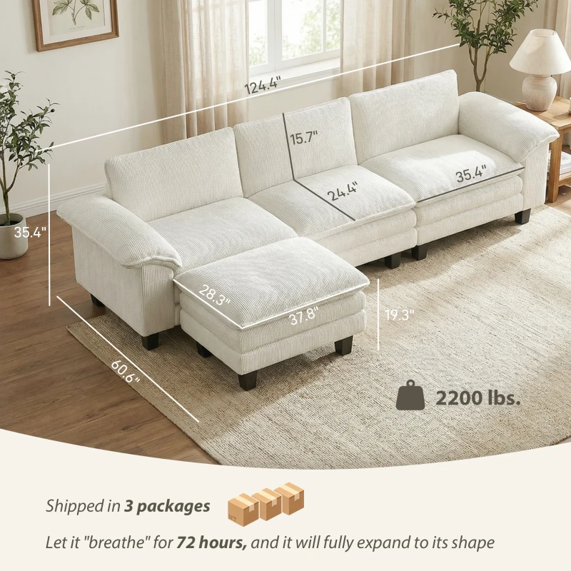 HOMCOM Sectional Sofa, L Shaped Couch with Deep Seat, Movable Ottoman and Pillow-top Armrests, Beige