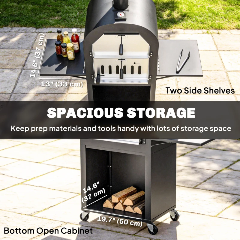 Outsunny Outdoor Wood Fired Pizza Oven with Side Shelves and Open Cabinet, Pizza Maker on Wheels with Thermometer, Stone, Peel