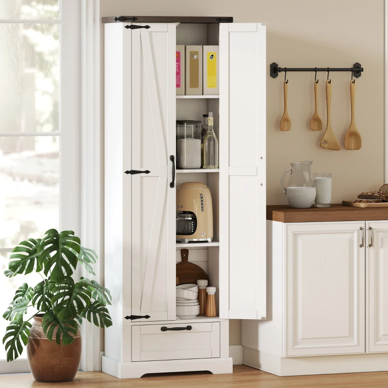 HOMCOM 71" Pantry Cabinet, Kitchen Storage Cabinet with Adjustable Shelves, Barn Doors and Drawer for Dining Room, White