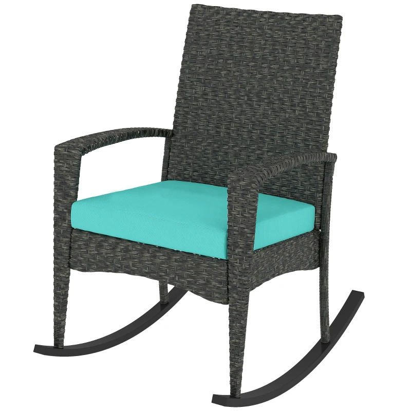 Outsunny Outdoor Rocking Chair, Patio Wicker Chair Removable Cushion, High Back and Armrests for Porch Balcony, Turquoise
