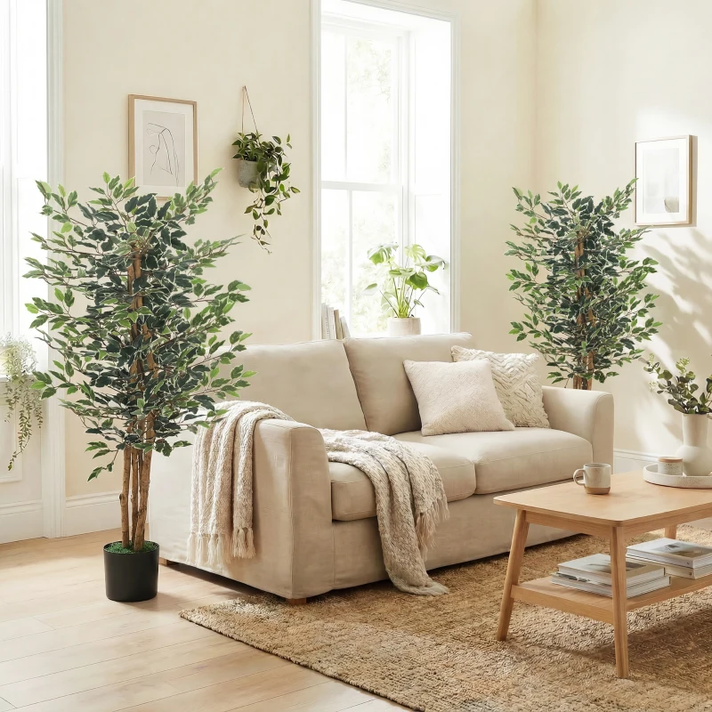 HOMCOM Artificial Tree, Fake Ficus Tree with Leaves, Faux Plant in Nursery Pot for Indoor Decoration