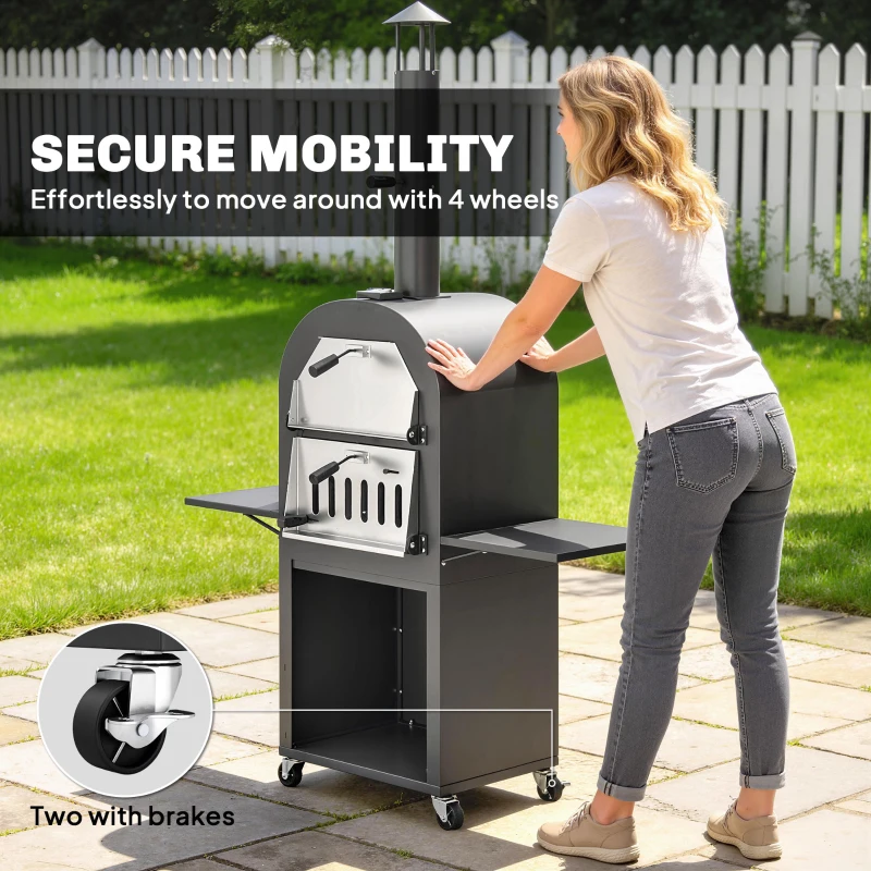 Outsunny Outdoor Wood Fired Pizza Oven with Side Shelves and Open Cabinet, Pizza Maker on Wheels with Thermometer, Stone, Peel