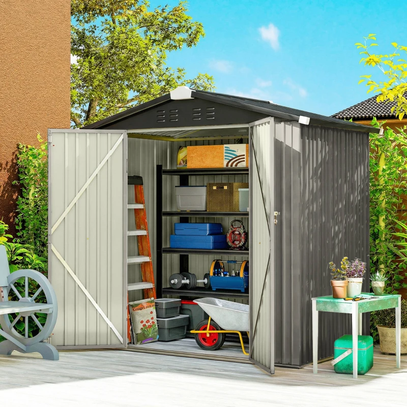 Outsunny 6.5' x 4'  Outdoor Storage Shed, Metal Garden Shed with Lockable Double Doors, 4 Vents, Light Grey