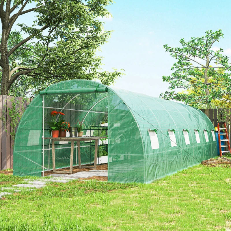 Outsunny 26' x 10' x 6.6' Walk-in Tunnel Hoop Greenhouse, PE Cover, Steel Frame, Roll-Up Zipper Door & 12 Mesh Windows for Flowers, Vegetables, Tropical Plants, Light Green