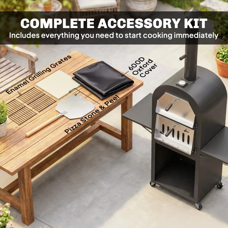 Outsunny Outdoor Wood Fired Pizza Oven with Side Shelves and Open Cabinet, Pizza Maker on Wheels with Thermometer, Stone, Peel