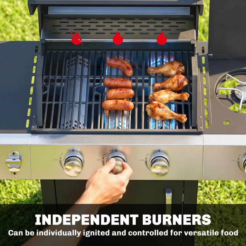 Outsunny 3 Burner Propane Gas Grill with Side Burner, 36,000 BTU BBQ Grill with Cast Iron Grates, Wheels, Warming Rack, Cabinet