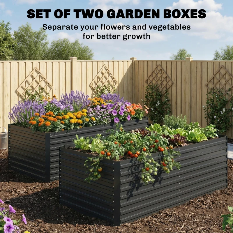Outsunny Set of 2 Galvanised Raised Garden Bed, 6 x 3 x 2 ft Metal Garden Bed with Safe Edging, Dark Grey