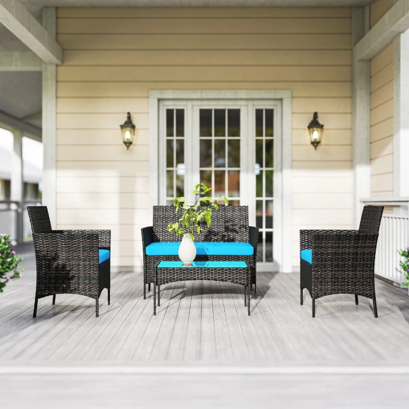 Outsunny 4 Pieces Wicker Outdoor Balcony Furniture Set Rattan Patio Furniture Set with Loveseat Chairs Glass Coffee Table Turquoise