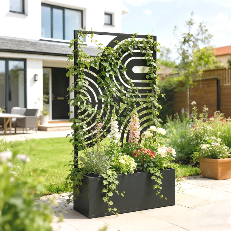 Outsunny Metal Planter Box with Trellis, 44.5" Raised Garden Bed with Trellis Privacy Screen for Climbing Plants