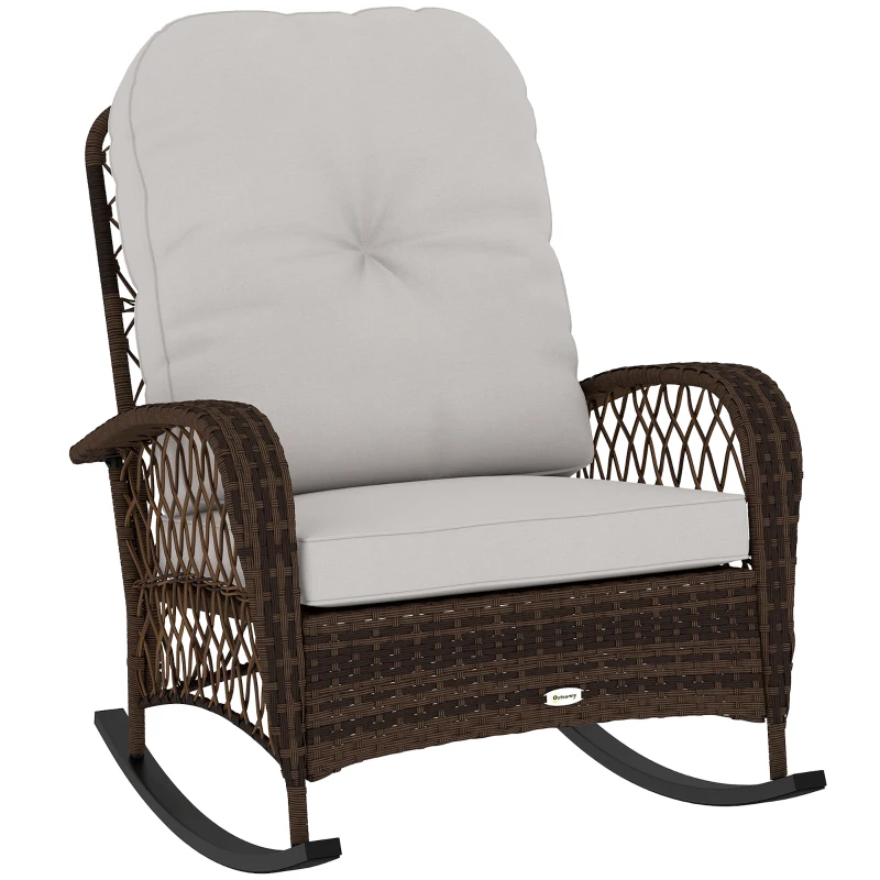 Outsunny Outdoor Wicker Rattan Rocking Chair Patio Rocker with Thick Cushions for Garden Backyard Porch, Light Mixed Brown