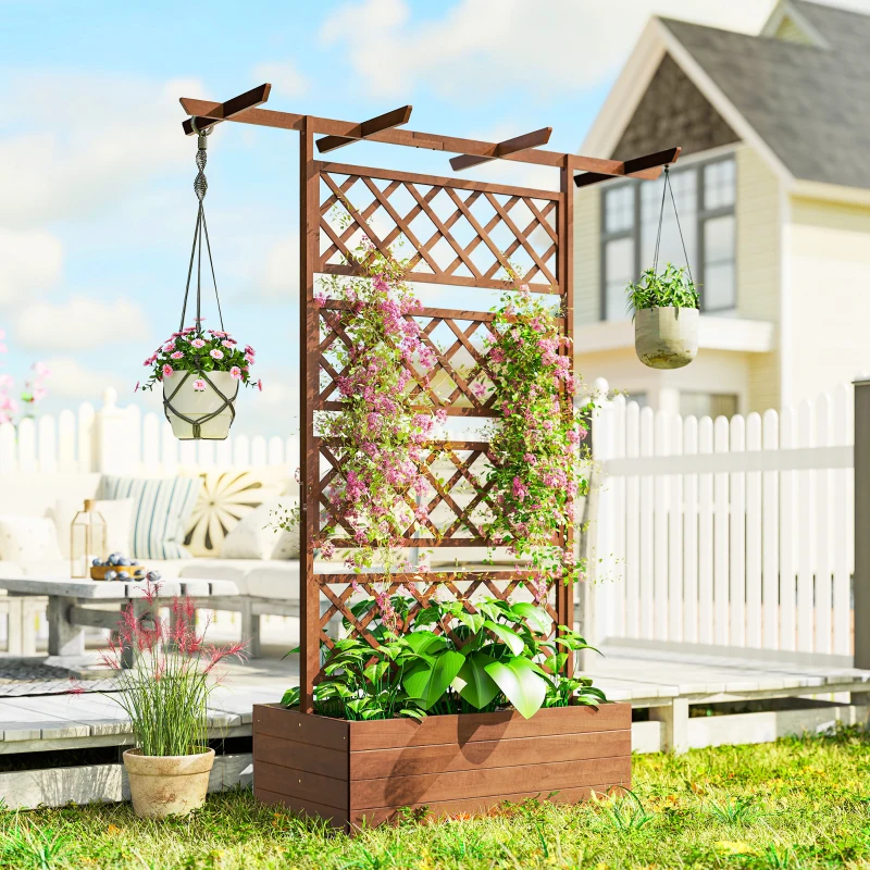 Outsunny Wooden Trellis Planter Box, Raised Garden Bed to Grow Vegetables, Herbs and Flowers
