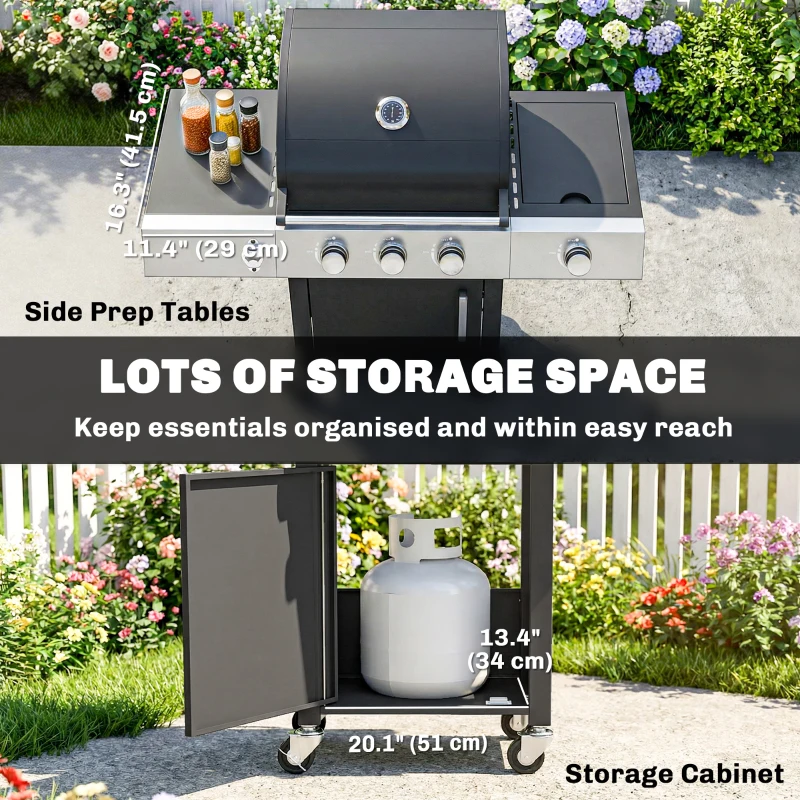 Outsunny 3 Burner Propane Gas Grill with Side Burner, 36,000 BTU BBQ Grill with Cast Iron Grates, Wheels, Warming Rack, Cabinet