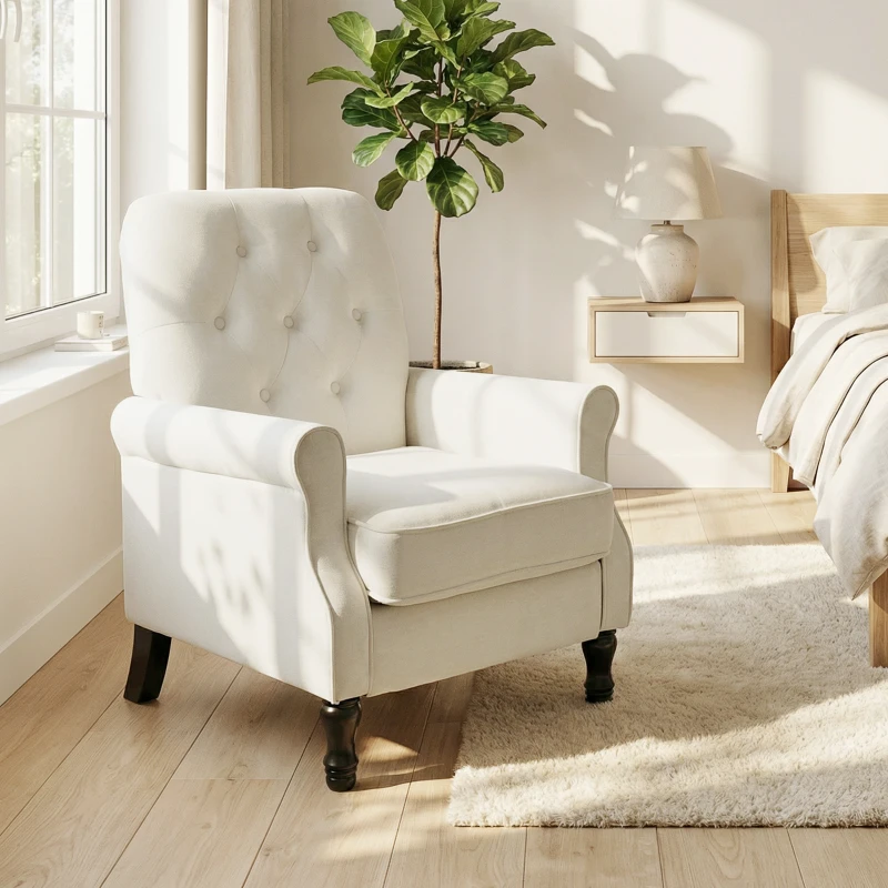 HOMCOM Accent Chair, Mid-Century Modern Armchair with Thick Padded Seat, Spring Cushion, Solid Wood Legs, Cream White