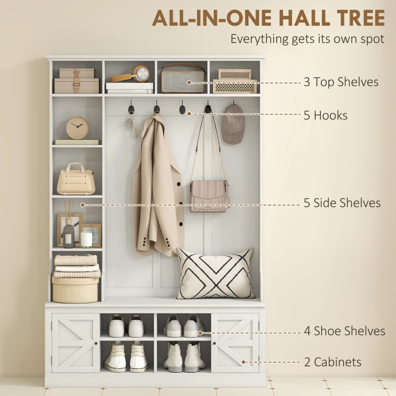 HOMCOM Hall Tree with Bench and Shoe Storage, Entryway Bench with Coat Rack, 12 Shelves, 2 Cabinets, 5 Hooks, White Wood Grain