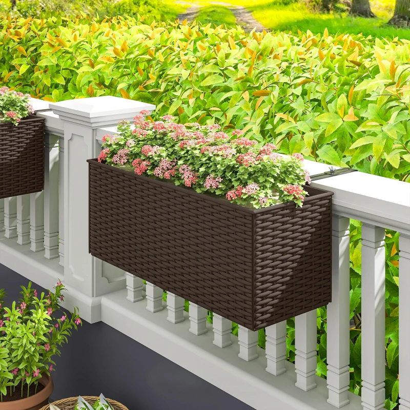Outsunny 2 Pack 20 Inch Railing Flower Pots, Hanging Flower Pots with Hooks, Drainage Holes for Fence, Rattan Look, Brown