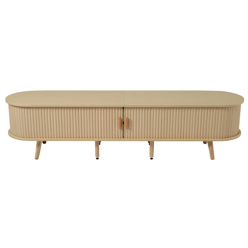 Stylish TV Stand with Rounded Corners and Oval Top, Versatile TV Cabinet for Living Room, 69" L x 15.5" W x 16.5" H, Natural Wood