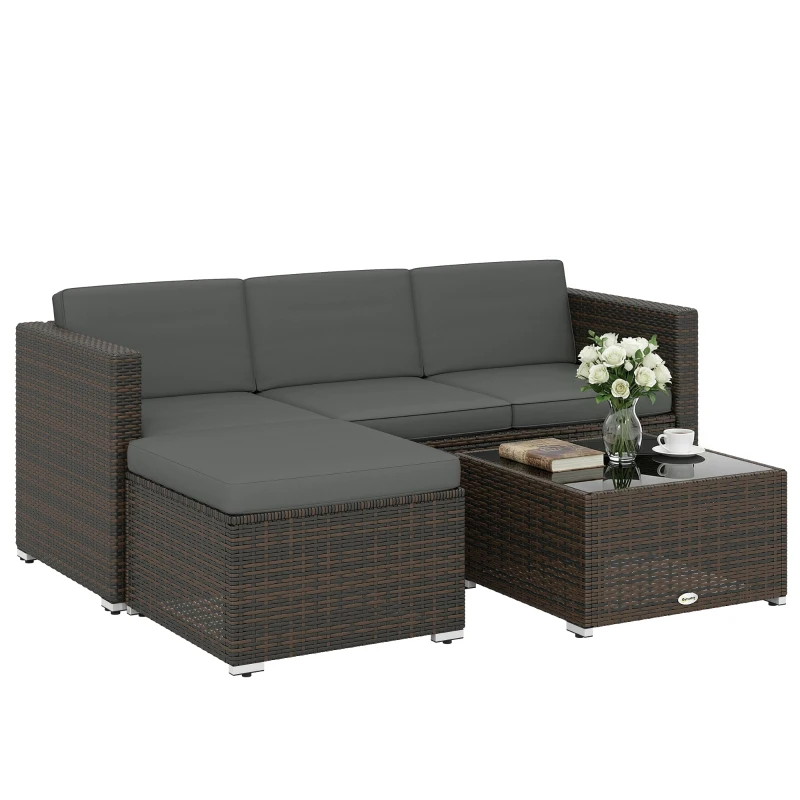 Outsunny 3 Pieces Patio Furniture Set with Cushions, Outdoor PE Rattan Wicker Conversation Corner Sofa Set, Dark Grey