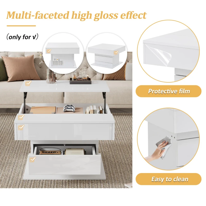 Rotating Lift-Top Coffee Table with Height-Adjustable Top, Space-Saving Side Table with Hidden Storage, 27.5'' L x 27.5'' W x 17.5'' H, White