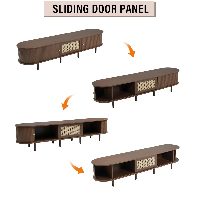 Minimalist TV Stand with Rattan Drawer and 2 Sliding Doors, Oval Media Console with Space-Saving Top, 71'' L x 15.5'' W x 15.5'' H, Dark Oak