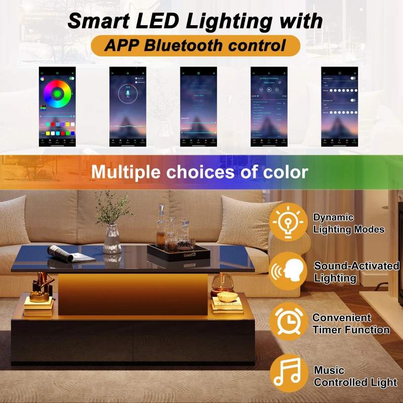 Sleek Lift-Up Coffee Table with LED Lighting and 4 Drawers, Durable Center Table for Living Room, 35.5" L x 21.5" W x 16.5" H, Black