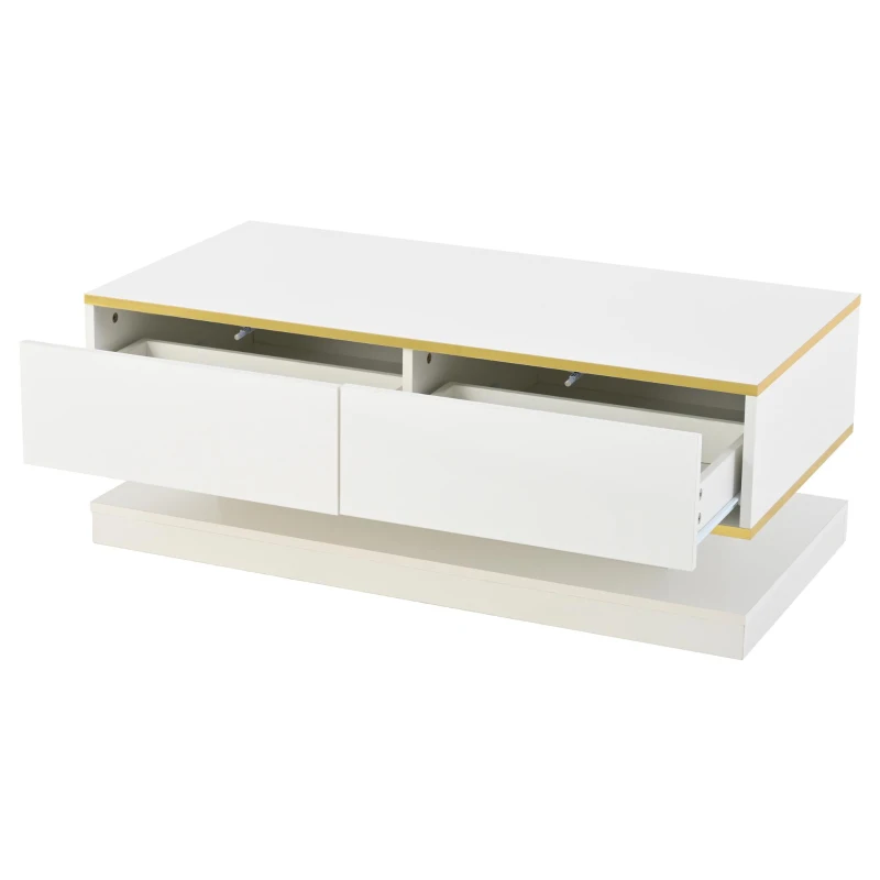 Space-Saving Coffee Table with Bottom-Slide Drawers, High-Gloss Centre Table for Living Room and Office, 39.5'' L x 19.5'' W x 15'' H, White