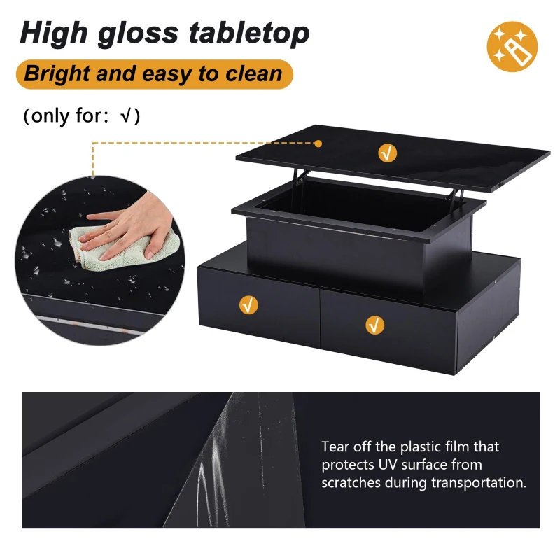 Sleek Lift-Up Coffee Table with LED Lighting and 4 Drawers, Durable Center Table for Living Room, 35.5" L x 21.5" W x 16.5" H, Black