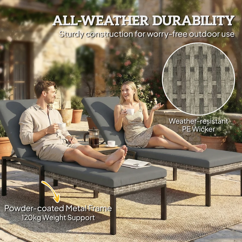 Outsunny Chaise Lounge Chairs Outdoor, Set of 2 Wicker Patio Lounge Chairs with 5-Level Adjustable Backrest, Cushion