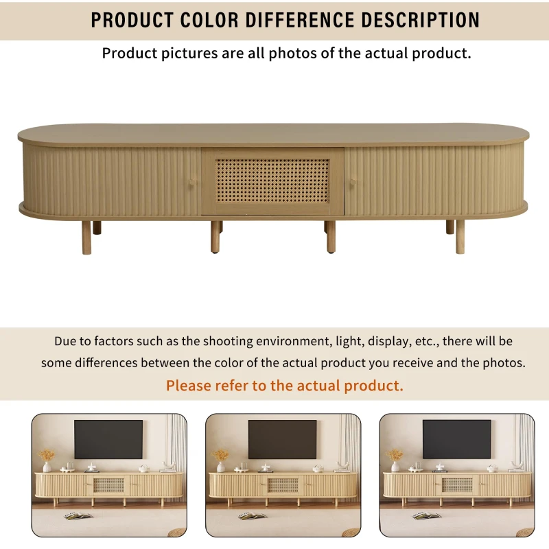 Oval TV Stand with Rattan Drawer and 2 Sliding Doors, Compact Media Console with Adjustable Feet, 71'' L x 15.5'' W x 15.5'' H, Light Oak