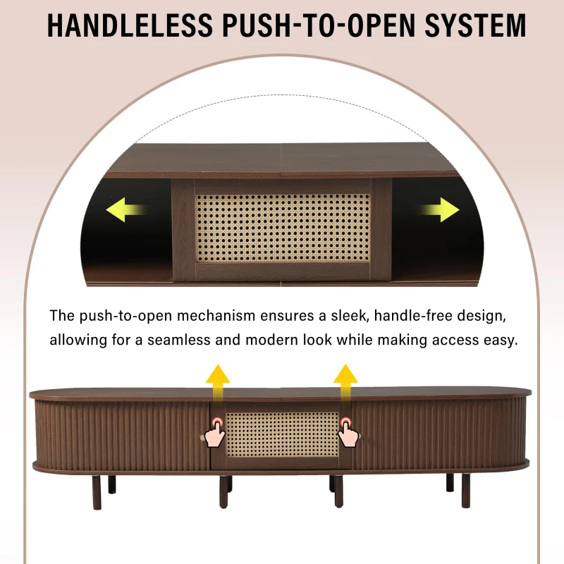 Minimalist TV Stand with Rattan Drawer and 2 Sliding Doors, Oval Media Console with Space-Saving Top, 71'' L x 15.5'' W x 15.5'' H, Dark Oak