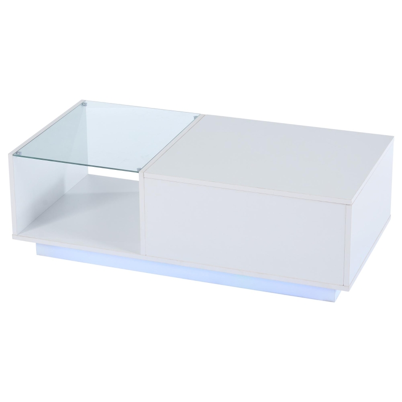 Lift-Up Coffee Table with App-Controlled LED Light and Half Glass Top, Modern Center Table for Living Room, 39.5" L x 19.5" W x 13" H, White