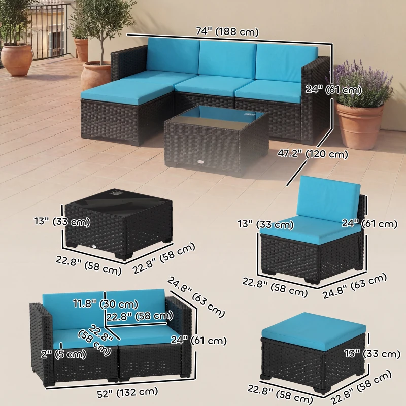 Outsunny 5 Piece Patio Furniture Set, L-Shape Wicker Outdoor Sectional with 3 Chairs, Ottoman, Glass Table, Cushions, Turquoise