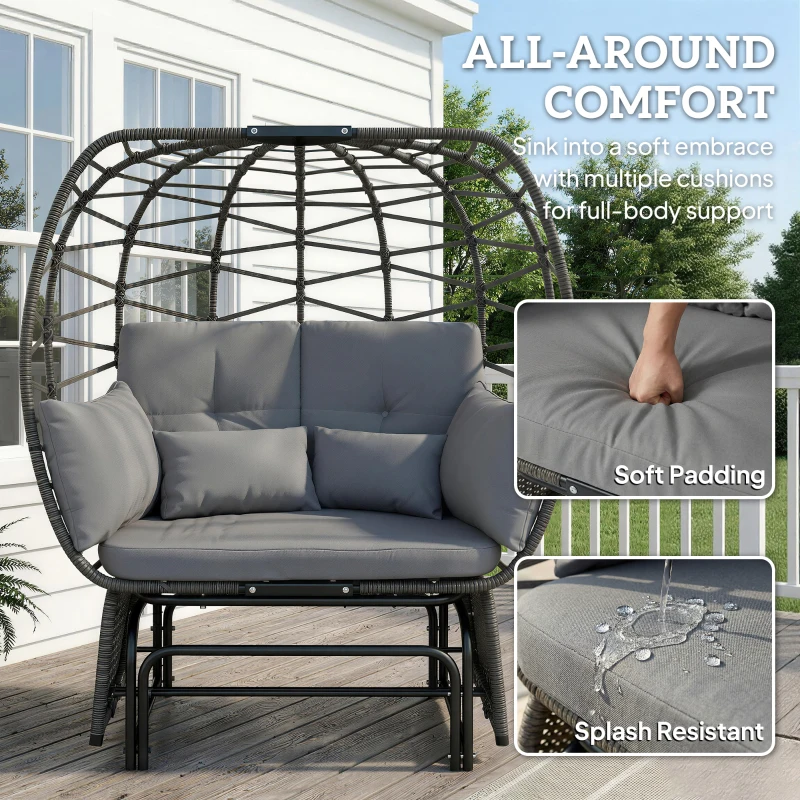 Outsunny Double Outdoor Glider Egg Chair, Outdoor Loveseat Glider with Cushions and Pillows, Dark Grey