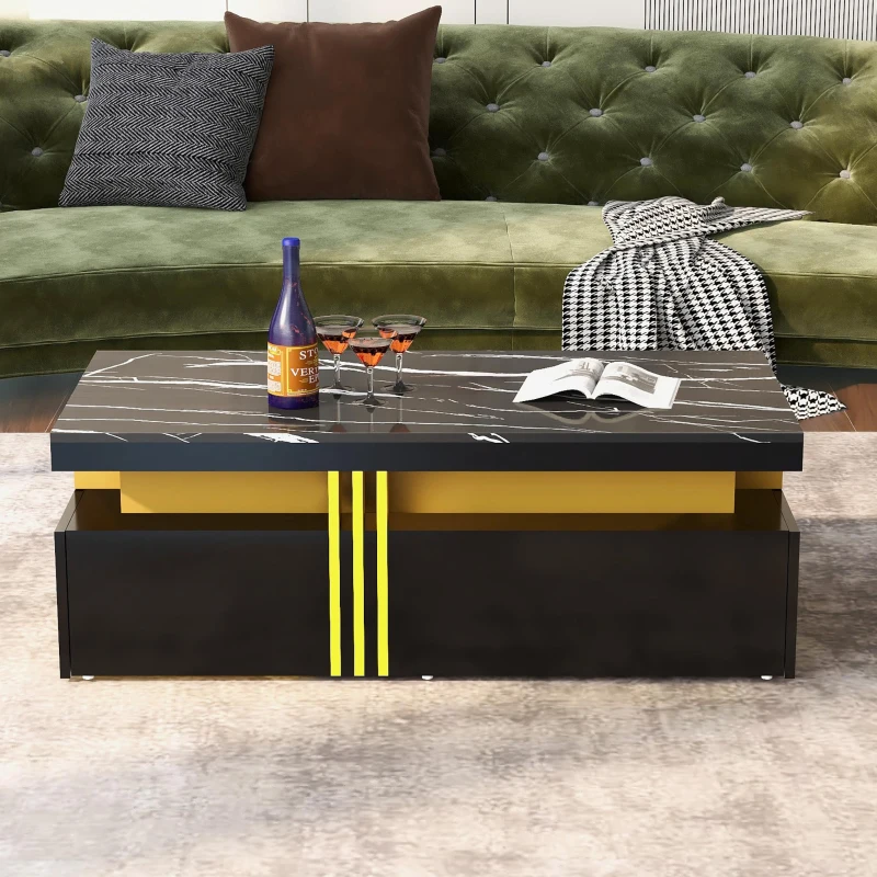 Minimalist Coffee Table with 2 Drawers and High-Gloss Finish, Multi-Use Side Table for Living Spaces, 39.5'' L x 19.5'' W x 15.5'' H, Black