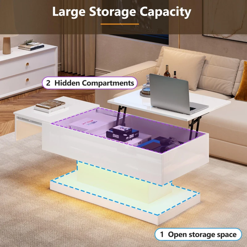 Lift-Top Coffee Table with Sliding Extendable Desktop, Sleek Multi‑Use Table with USB/App-Controlled Lights, 39.5" L x 19.5" W x 17.5" H, White
