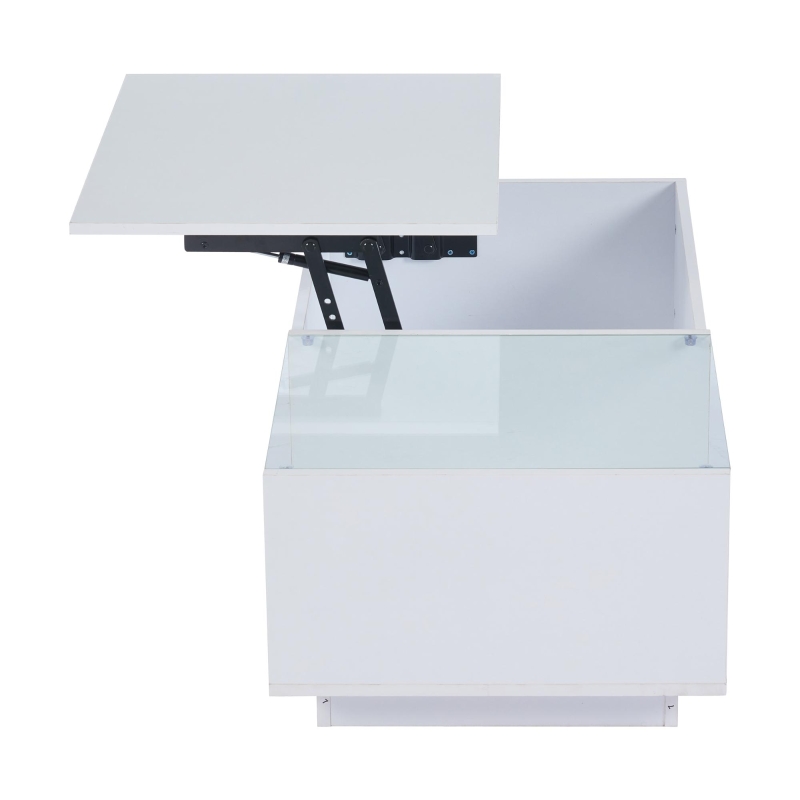 Lift-Up Coffee Table with App-Controlled LED Light and Half Glass Top, Modern Center Table for Living Room, 39.5" L x 19.5" W x 13" H, White