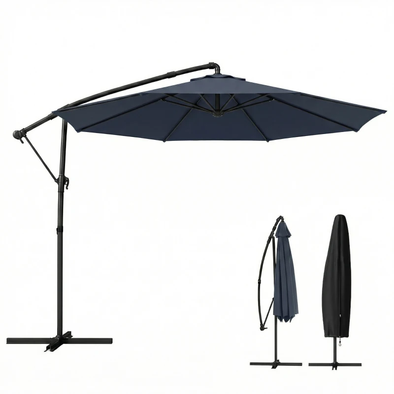 Outsunny 10 ft Offset Patio Umbrella with Cover, Hanging Cantilever Umbrella with 360° Rotation, Crank Handle, Tilt, Navy Blue