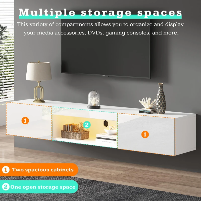 Floating TV Stand with High-Gloss Finish and LED Ambient Lighting, Sleek TV Cabinet with Pull-Down Doors, 63" L x 12" W x 8.5" H, White