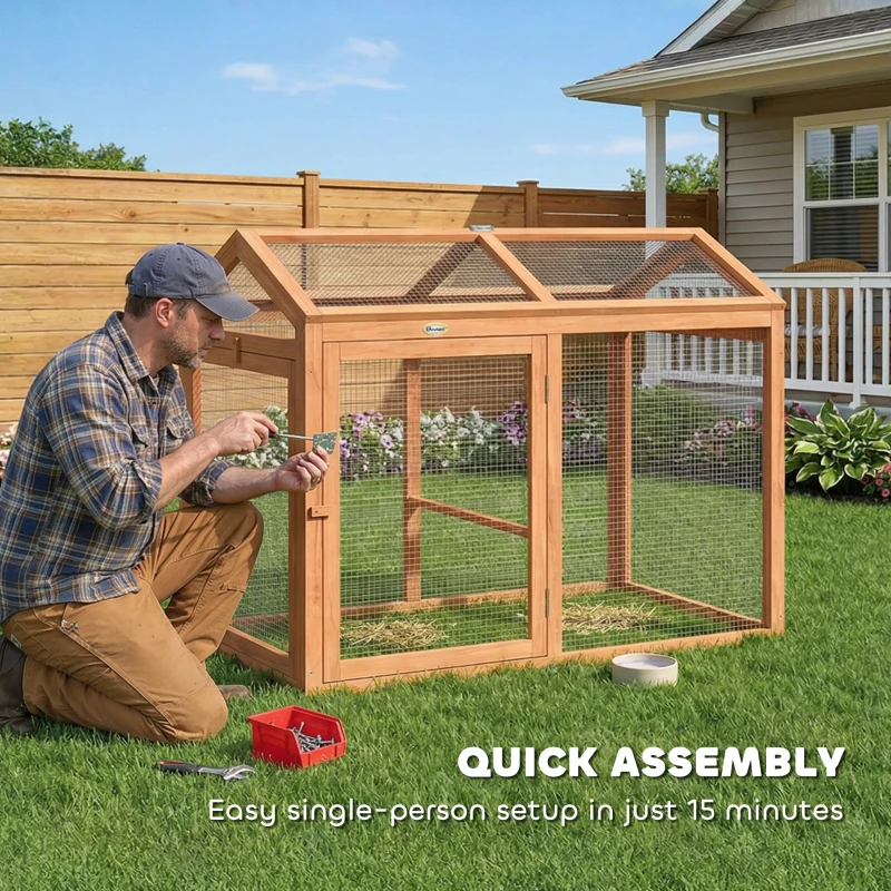 PawHut Wooden Chicken Run, Outdoor Chicken Coop with Perch and Dual Doors, Combinable Hen House Rabbit Hutch for Backyard