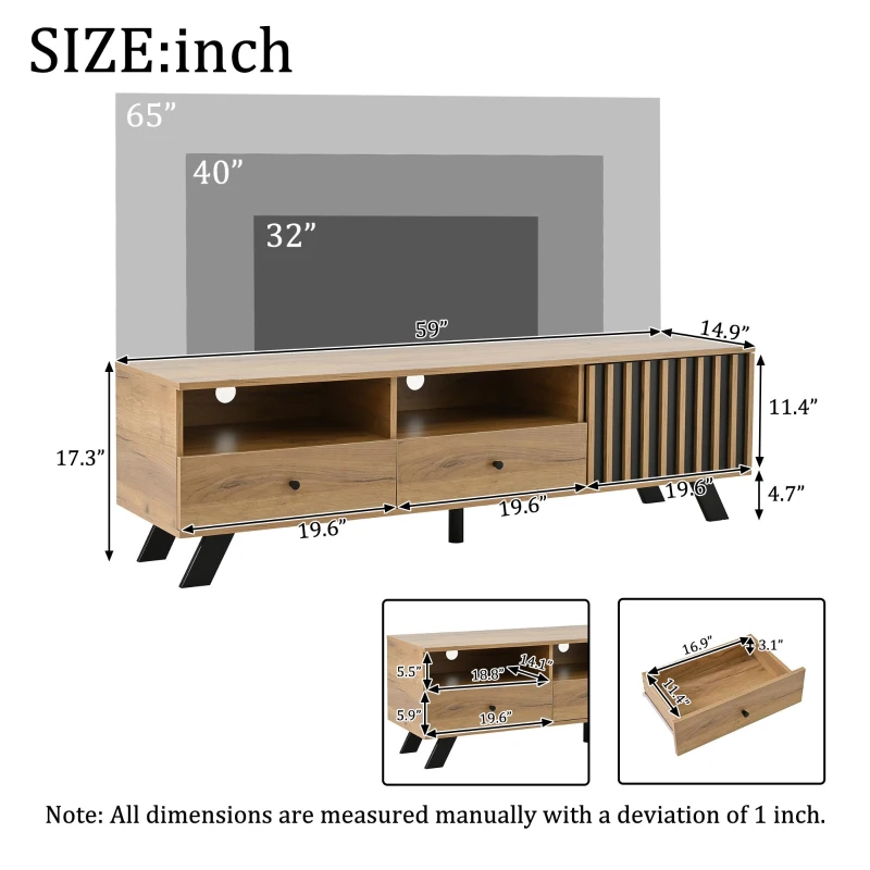 Modern Wood-Grain TV Stand for up to 65-Inch TVs, Sturdy TV Cabinet with Particleboard Construction, 59" L x 15" W x 17.5" H, Wood