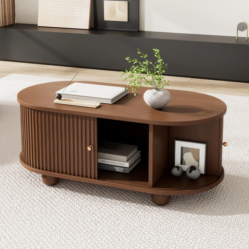 Wood Oval Coffee Table with Space-Saving Design, Stylish Center Table with Hidden Compartment, 39.5" L x 19.5" W x 15.5" H, Wood