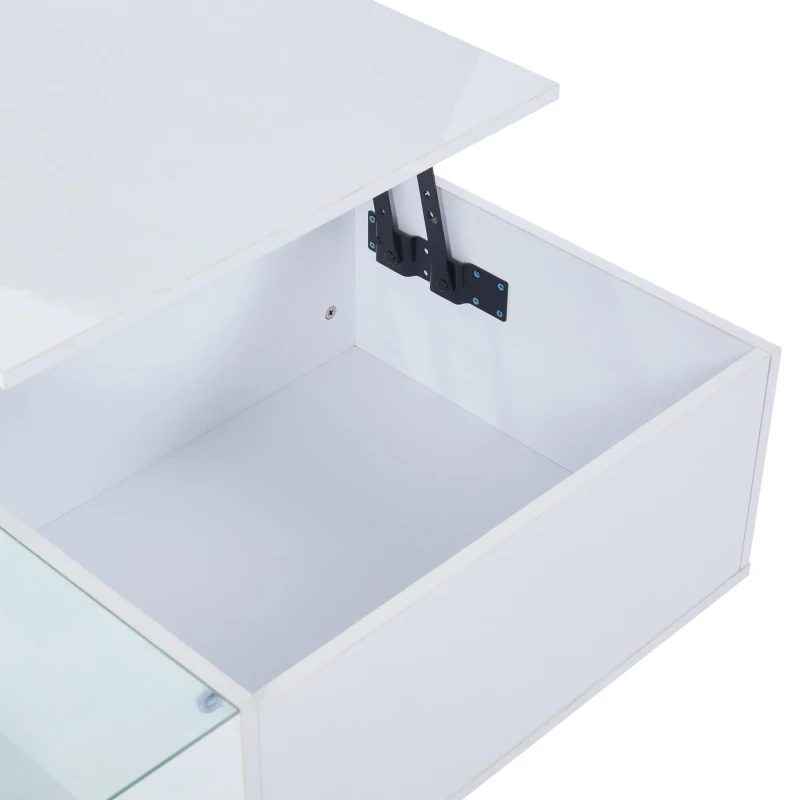 Lift-Up Coffee Table with App-Controlled LED Light and Half Glass Top, Modern Center Table for Living Room, 39.5" L x 19.5" W x 13" H, White