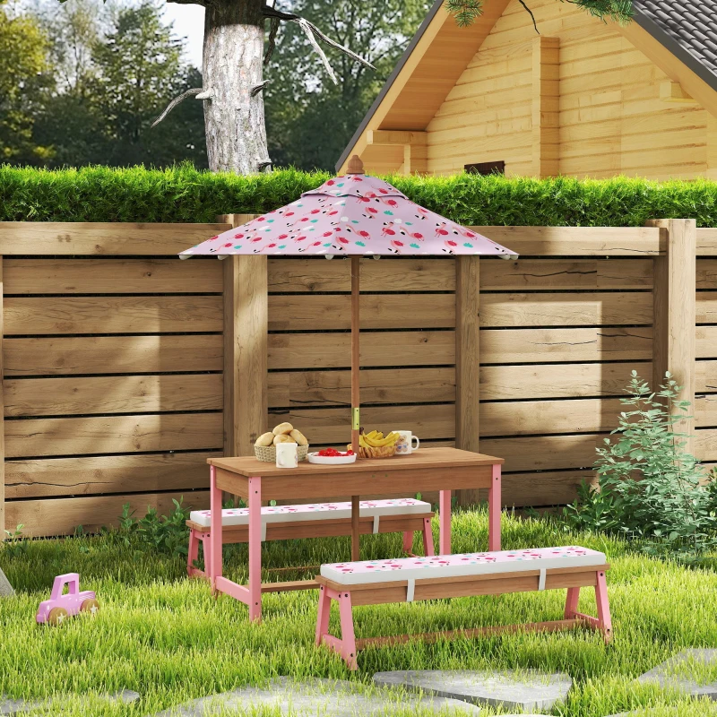 Qaba Kids Picnic Table and Bench Set with Removable Umbrella, Cushions & Boxes, Flamingo Theme for Outdoor, Pink