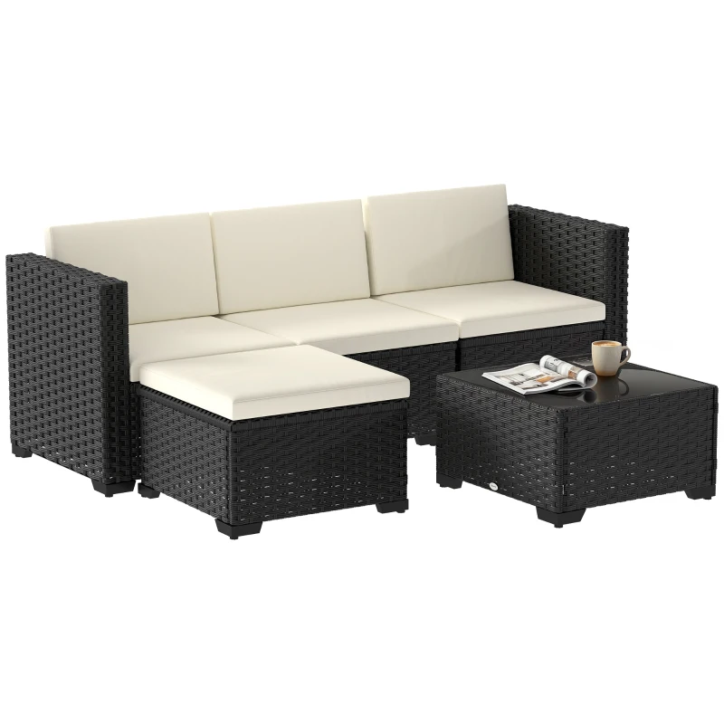 Outsunny 5 Piece Patio Furniture Set, L-Shape Wicker Outdoor Sectional with 3 Chairs, Ottoman, Glass Table, Cushions, Cream