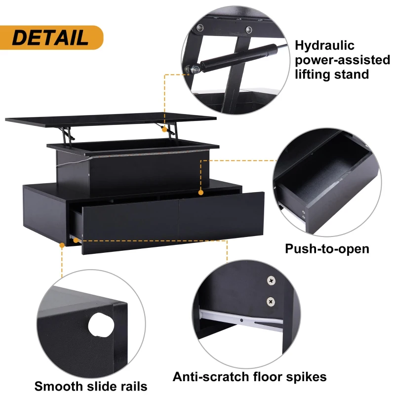 Sleek Lift-Up Coffee Table with LED Lighting and 4 Drawers, Durable Center Table for Living Room, 35.5" L x 21.5" W x 16.5" H, Black