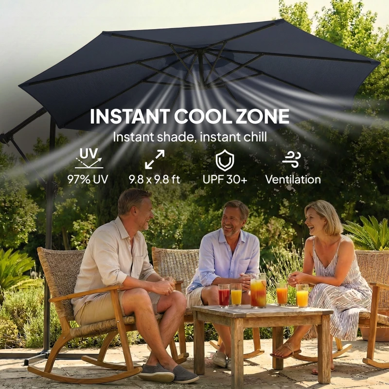 Outsunny 10 ft Offset Patio Umbrella with Cover, Hanging Cantilever Umbrella with 360° Rotation, Crank Handle, Tilt, Navy Blue