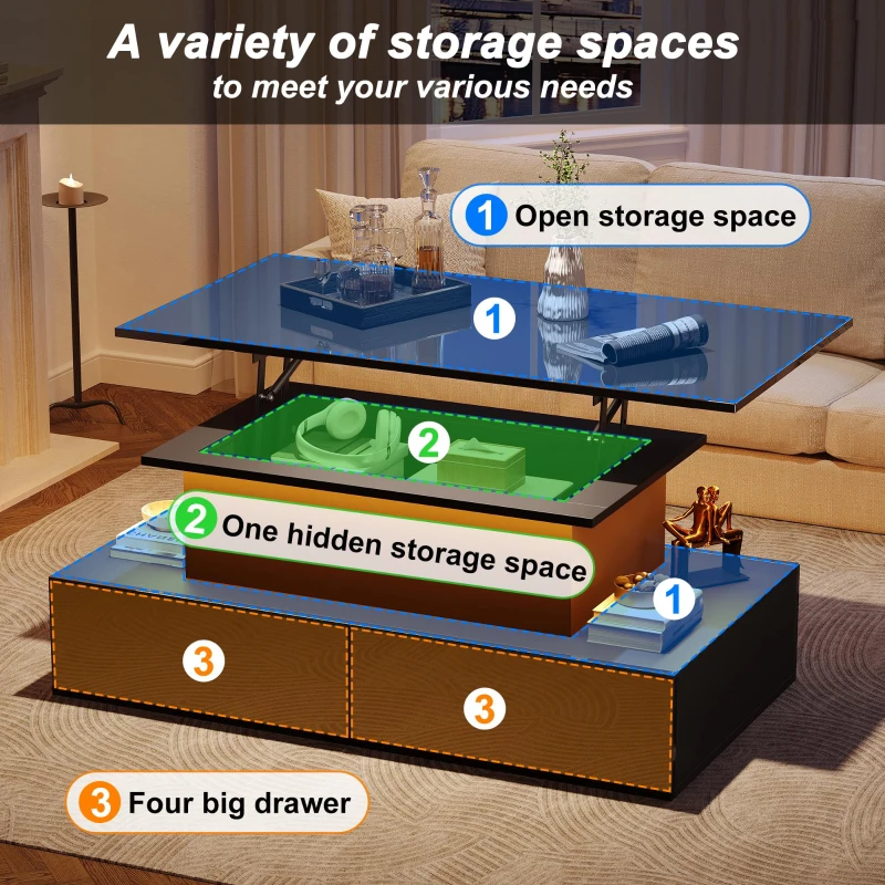 Sleek Lift-Up Coffee Table with LED Lighting and 4 Drawers, Durable Center Table for Living Room, 35.5" L x 21.5" W x 16.5" H, Black