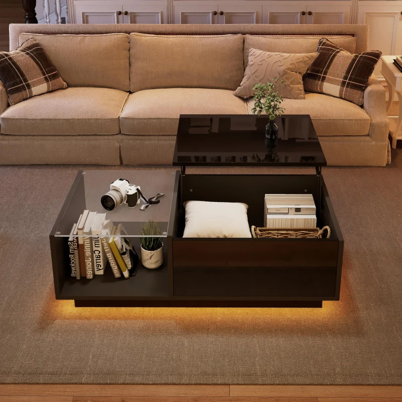 Lift-Up Coffee Table with App-Controlled LED Light and Half Glass Top, Modern Center Table for Living Room, 39.5" L x 19.5" W x 13" H, Black