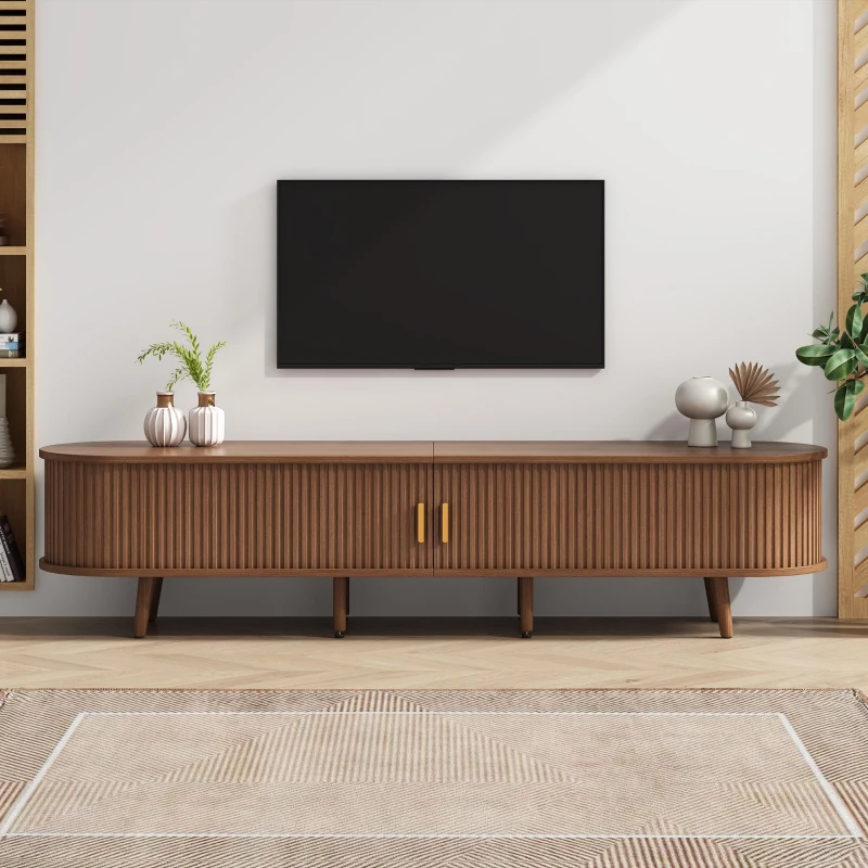 Stylish TV Stand with Rounded Corners and Oval Top, Versatile TV Cabinet for Living Room, 69" L x 15.5" W x 16.5" H, Dark Oak