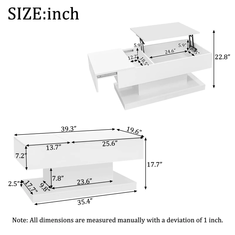 Lift-Top Coffee Table with Sliding Extendable Desktop, Sleek Multi‑Use Table with USB/App-Controlled Lights, 39.5" L x 19.5" W x 17.5" H, White